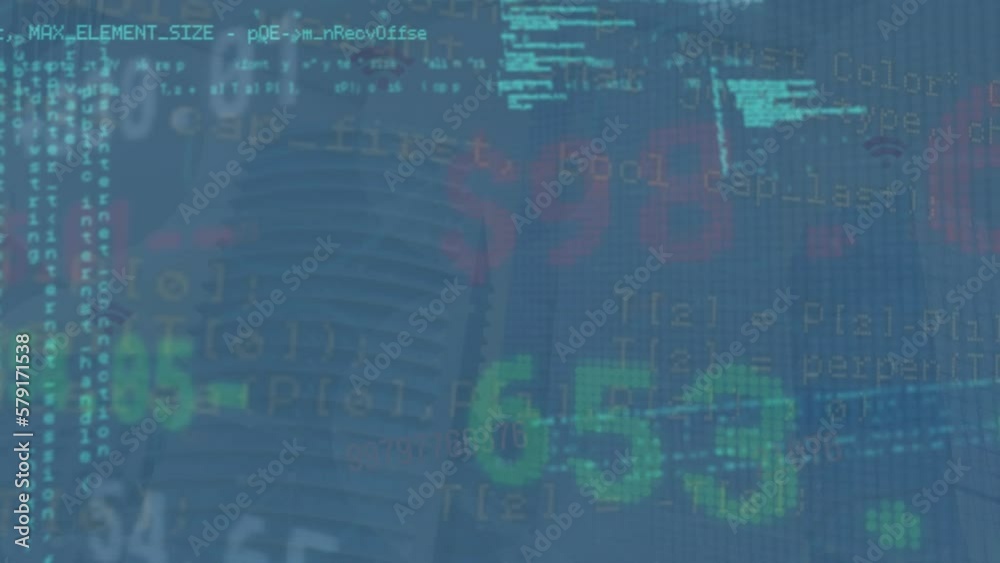 Animation of data processing over stock market over cityscape Animation of data processing over stock market over cityscape