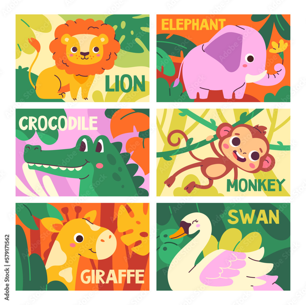 Naklejka premium African animals poster set. Banners with lion, crocodile, elephant, monkey, giraffe and swan in jungle among leaves. Greeting card or cover. Cartoon flat vector collection isolated on white background