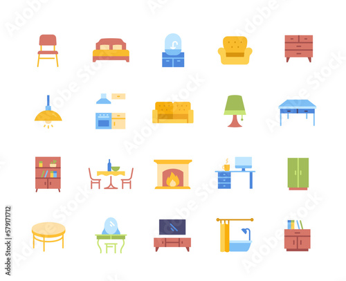 Set of Colorful Furniture Related Icons. Wardrobe, bookshelf, work desk, TV and washstand for stylish home interior. Design elements for stickers. Cartoon flat vector collection isolated on white