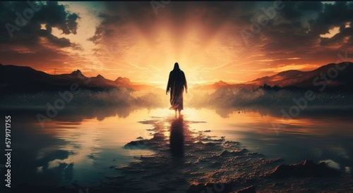 Jesus walks on water. Jesus walking on the sea. Beautiful sunset. Generative AI