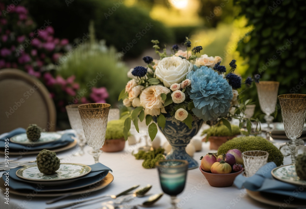 A Festive and Colorful AI-Generated Wedding Reception Table Setting with Luxurious Floral Decorations