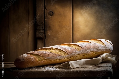illustration, french baguette bread on wooden background, ai generative