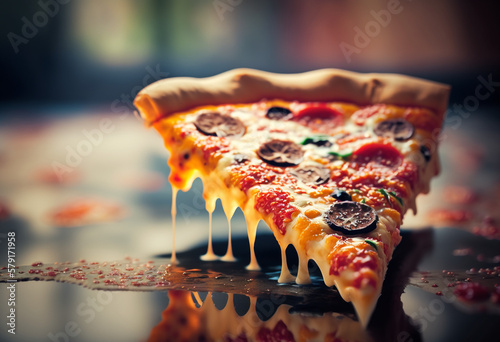 Mouthwatering Supreme Pizza: A Fresh, Hot, Bite-Size Slice with Juicy, Greasy, Flavorful Toppings and a Crispy, Cheese-Laden Crust