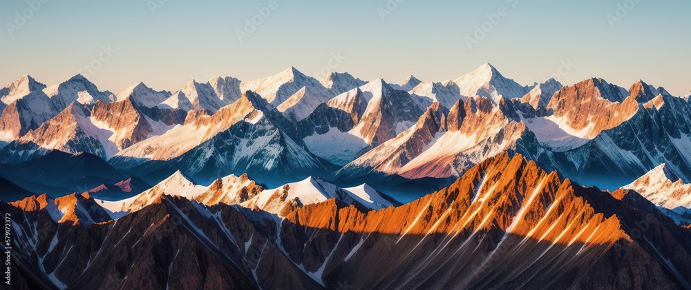 Beautiful picturesque landscape of a mountain range at dawn. The mountain peaks are covered with snow. Generative AI.