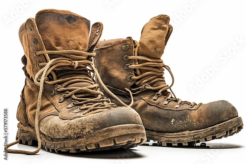 Fotografering illustration, a pair of old boots with mud, ai generative