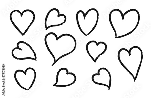 Set of hand drawn heart, strokes of paint, ink, grunge. Doodle hearts collection isolated on white background. Vector illustration