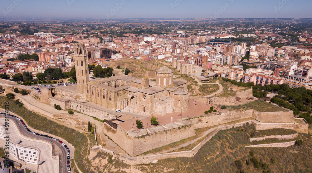 Aerial view of cityscape of Lleida and main historical sightseeing Old Gothic Cathedral, Catalonia, Spain
