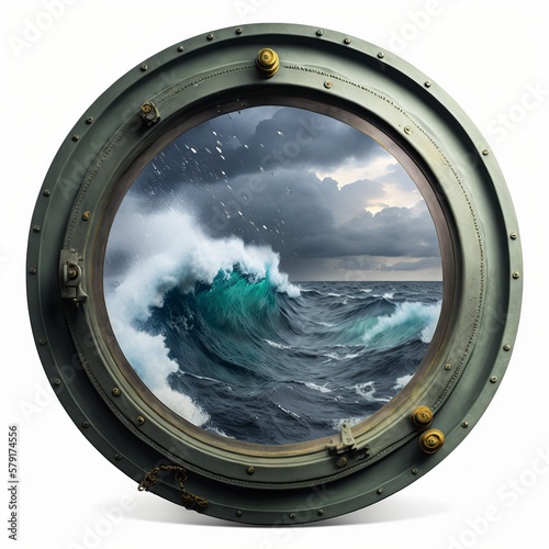illustration, porthole of a ship view of a stormy sea, ai generative photo