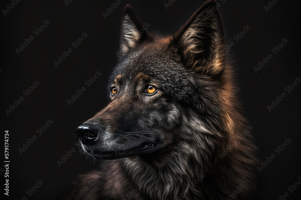 Closeup portrait of a black Canis Lupus Wolf looking away. Generative AI