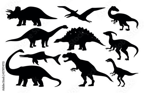 Tableau sur toile Set of dark silhouettes of different dinosaurs