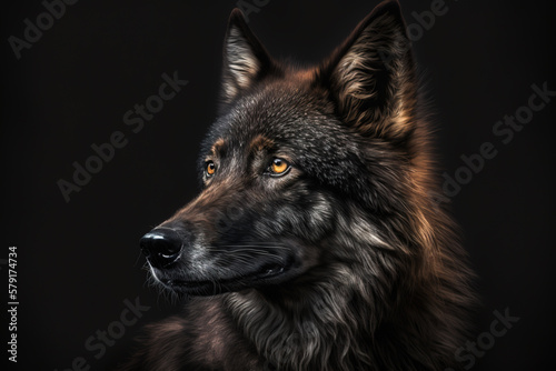 Closeup portrait of a black Canis Lupus Wolf looking away. Generative AI