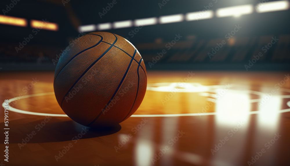 Basketball ball lies on the floor of an empty court created with generative AI technology Basketball ball lies on the floor of an empty court created with generative AI technology