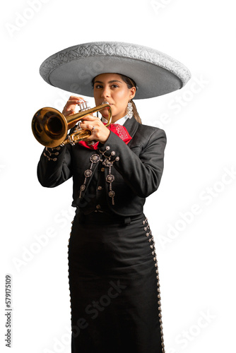 female mexican mariachi trumpetist woman smiling using a traditional mariachi girl suit on a pure white background. good looking latin hispanic trumpet player musician feminine wearing a white hat photo