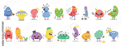 Set of abstract cute characters. Monsters or mascots made of simple geometric shapes express different emotions. Viruses or bacteria with varios items. Cartoon flat vector collection isolated on white