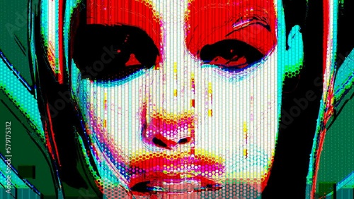 Portrait of a cyberpunk girl transforming into pixel and glitch animation. Noise video art. Vj loop club animation. Motion graphic design.