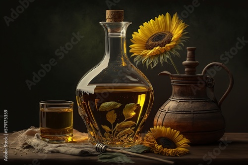 illustration, sunflower oil in glass containers on the table, ai generative