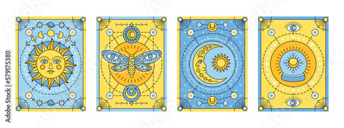 Celestial Poster Set. Magical or mystical covers with sun, crescent moon, butterfly and fortune teller crystal sphere. Tarot cards in folk gypsy style. Cartoon flat vector collection isolated on white