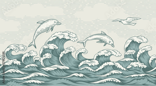 Seascape in retro style. Decorative poster with hand drawn waves, sea foam, dolphins and seagulls. Storm and wind in sea or ocean. Banner in asian vintage style. Cartoon flat vector illustration