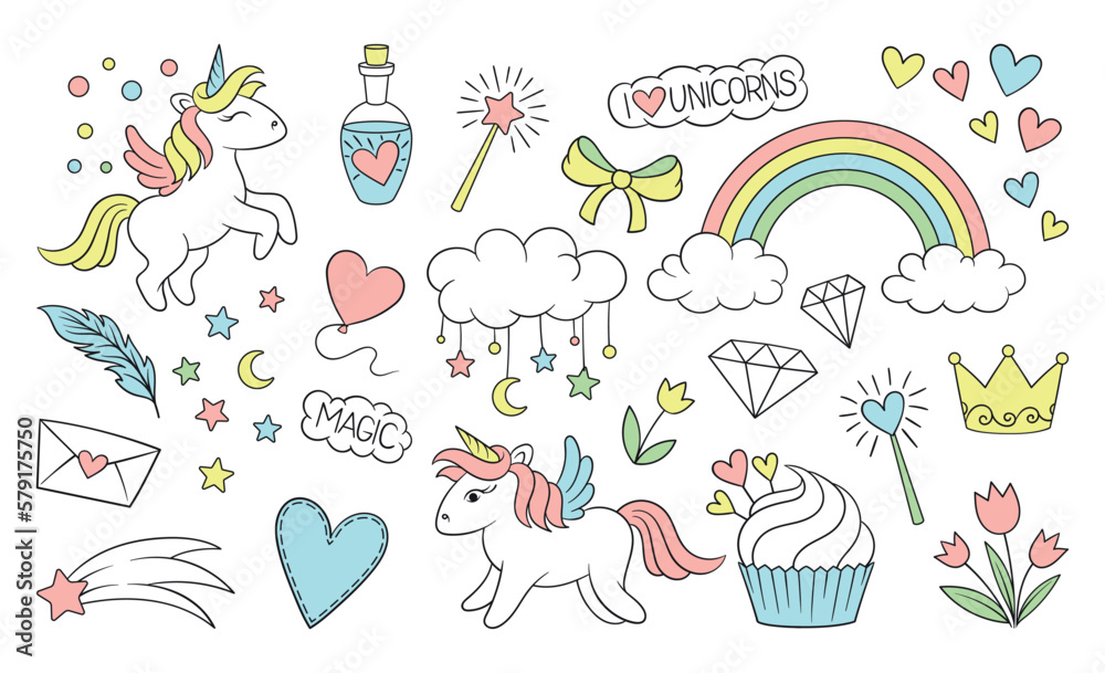 Set of cute magical stickers. Doodle badges with unicorn, rainbow, stars, clouds, hearts and lettering. Design elements for nersery room. Cartoon flat vector collection isolated on white background