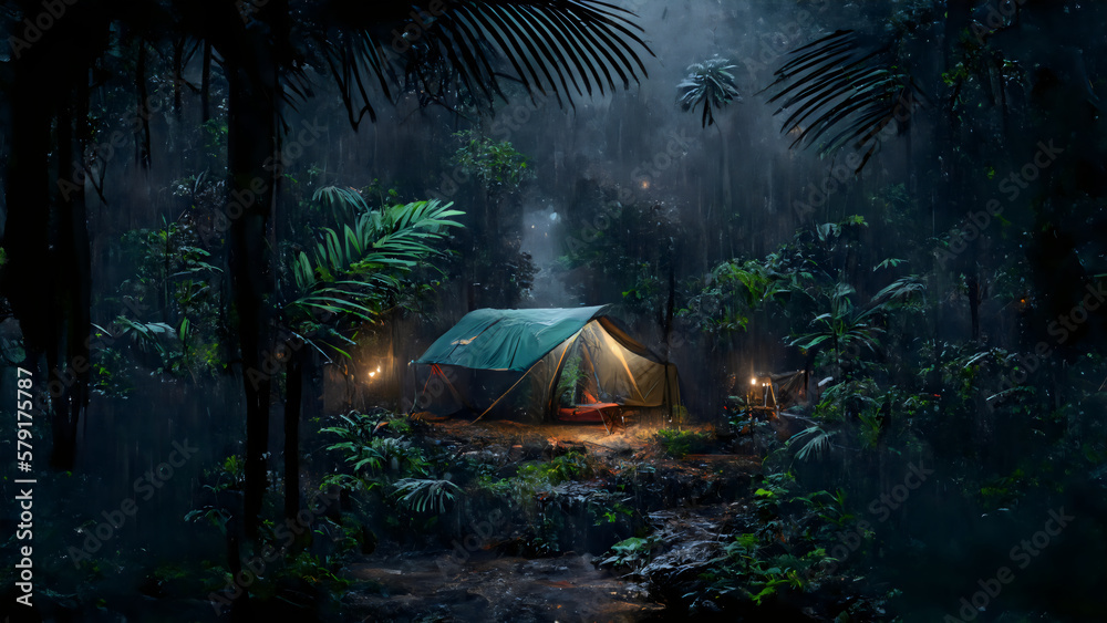 cozy tent in the night in  a foggy forest