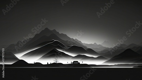 Abstract minimalistic black and white mountains landscape background. Generative AI illustration.