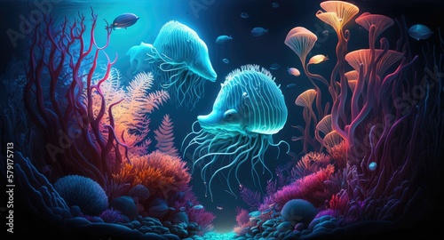 Coral reef and fish digital art. Generative AI illustration. © Tuyres