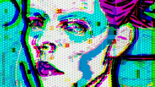 Portrait of a cyberpunk girl transforming into pixel and glitch animation. Noise video art. Vj loop club animation. Motion graphic design.