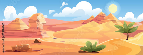 Panorama of Egyptian desert. Beautiful Sahara desert landscape with sand dunes, sun, Pyramids of Giza, Sphinx and tombs of pharaoh. Dry and hot African climate. Cartoon flat vector illustration