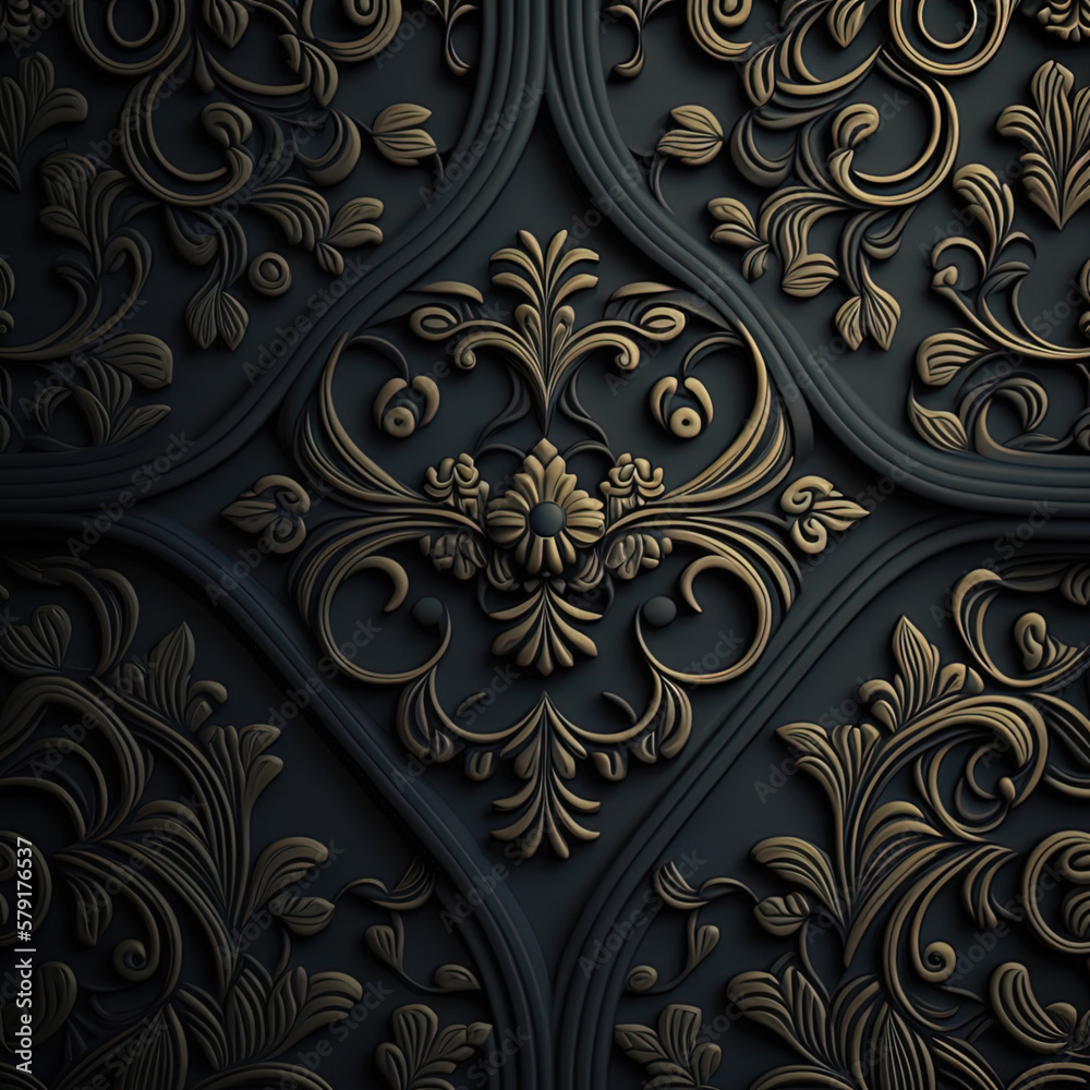 Geometric pattern with floral forms. Gold and dark blue texture. Simple lattice graphic design. Generative AI. Geometric pattern with floral forms. Gold and dark blue texture. Simple lattice graphic design. Generative AI.