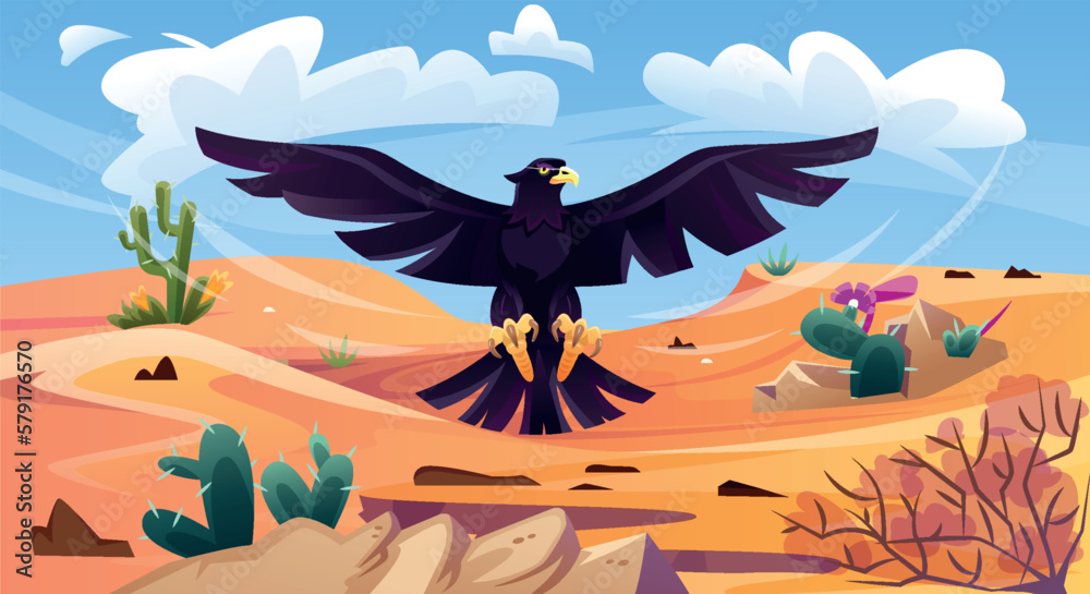 Black eagle over desert. Colorful banner with hawk or raven flying in sky over sand dunes and cacti looking for prey. Wild bird predator. Summer desert landscape. Cartoon flat vector illustration Black eagle over desert. Colorful banner with hawk or raven flying in sky over sand dunes and cacti looking for prey. Wild bird predator. Summer desert landscape. Cartoon flat vector illustration