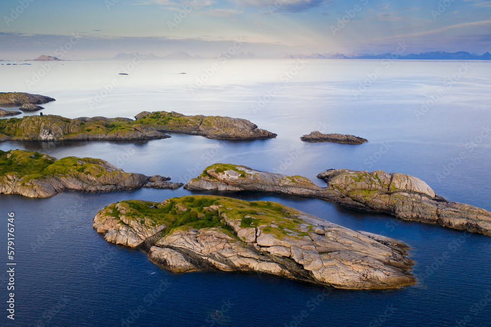 Aerial view of rocky islets, in Henningsvær, Lofoten Archipelago, Norway