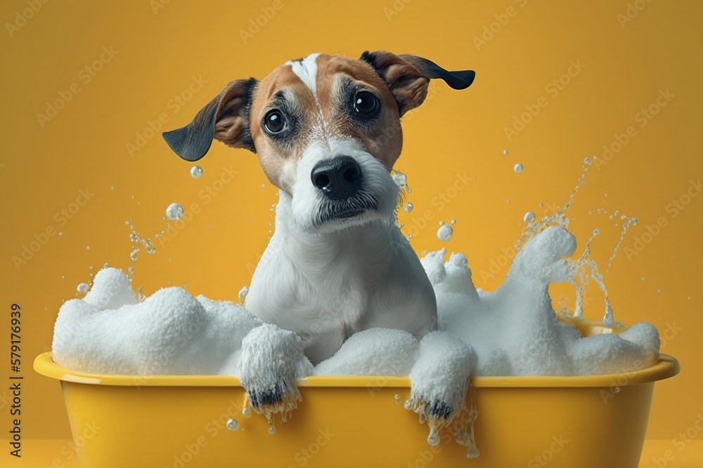 Dog taking a bath in a bathtub with foam, concept of Pet hygiene and