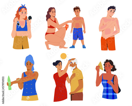 Set of people with sunburn and sunstroke from heat. Men, women with reddened skin from sunburn and overexposure to sun. Characters apply sunscreen on burnt dermis. Cartoon flat vector collection