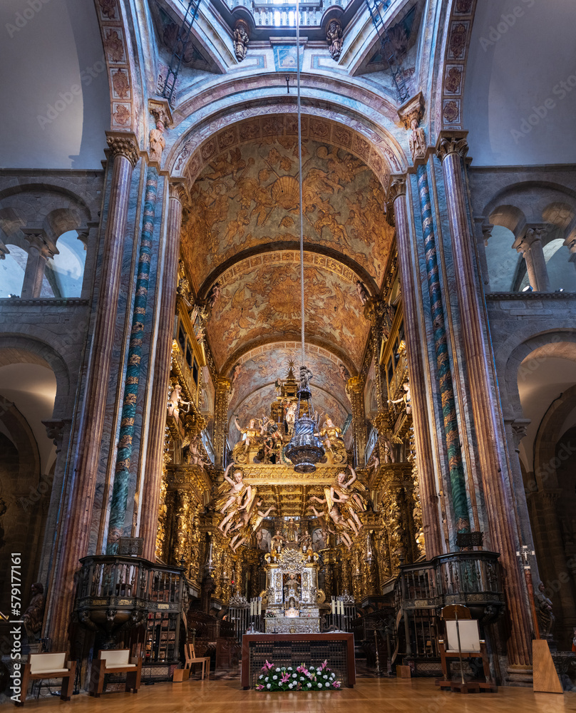 Main altar inside the cathedral of Santiago de Compostela (ca. 1211), a historial place of pilgrimage on the Way of St. James since the Middle Ages.