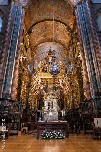 Main altar inside the cathedral of Santiago de Compostela (ca. 1211), a historial place of pilgrimage on the Way of St. James since the Middle Ages.
