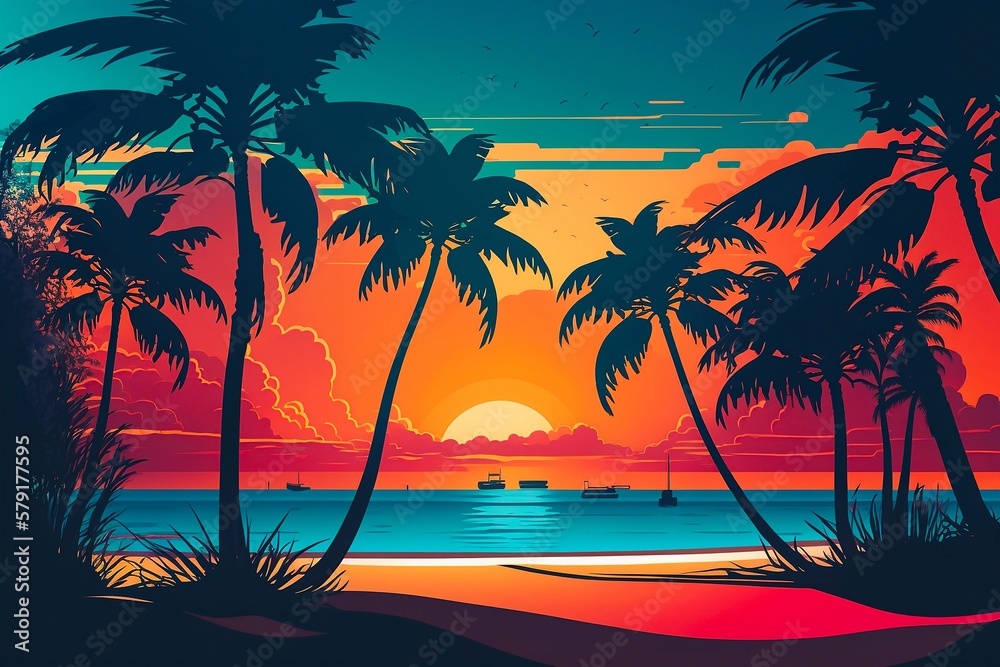 Black palm trees silhouettes at colorful sunset background. Generative AI