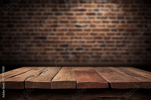 Empty Wooden Display Table with Blurred Bokeh Brick Wall Background (Generative AI)