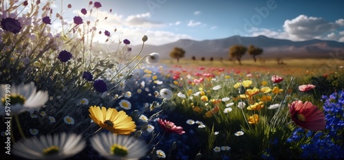 Close up low angle view of wild flowers over meadow hills. Scenic nature landscape during springtime. Generative AI illustration