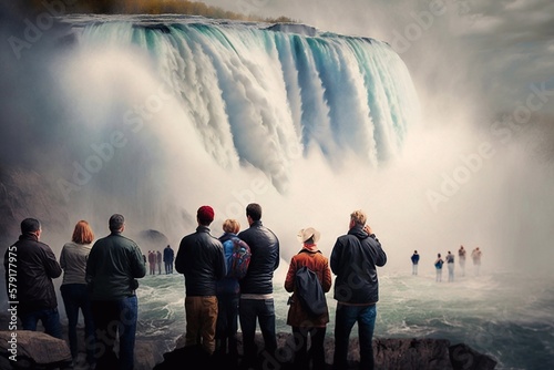 Back view People standing underneath niagara falls. Generative AI