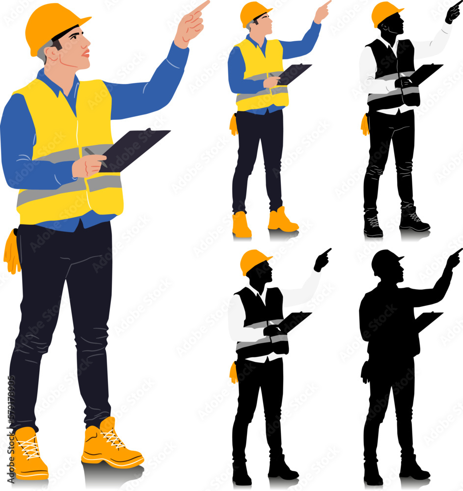 Obraz premium Construction worker holding folder wearing helmet and vest. Different color options. Worker silhouette. Hand-drawn vector illustration isolated on white. Full length view