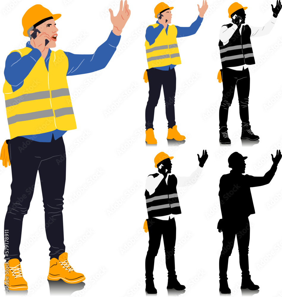 Obraz premium Construction worker holding smartphone wearing helmet and vest. Different color options. Worker silhouette. Hand-drawn vector illustration isolated on white. Full length view