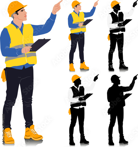 Construction worker holding folder wearing helmet and vest. Different color options. Worker silhouette. Hand-drawn vector illustration isolated on white. Full length view