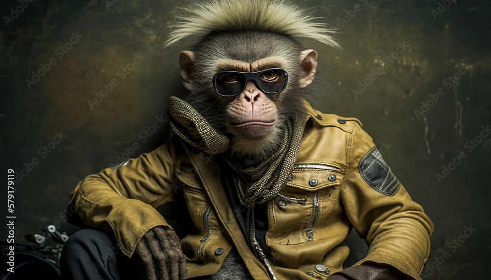 Rock animals. rock monkey. Monkey dressed in rock clothes, rock accessories. Musician monkey. Generated by AI.
