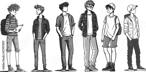 Set pack of teen men,sketch,isolated cartoon outline characters on white background,simple drawing