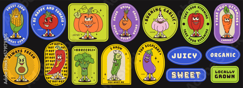 Funny vegetables retro cartoon characters sticker set. Modern label with cute comics characters. Hand drawn doodles of comic mascot. Set in modern cartoon style. 70s retro vibes.