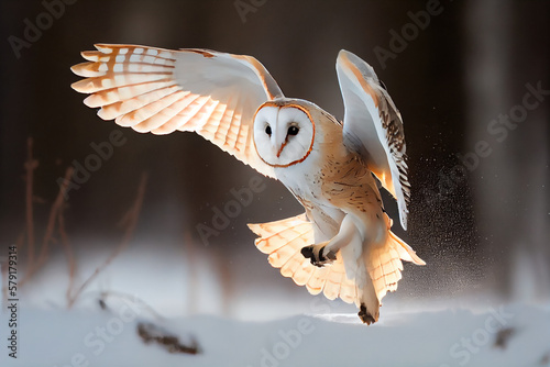 Beautiful barn owl bird flying in natural habitat - generative ai
