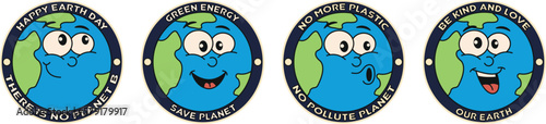 Collection of planet Earth environmental stickers with slogans - no planet B, energy saving, less plastic, kindness and love for the planet. Environment in trendy retro cartoon style. Ideas for Earth 