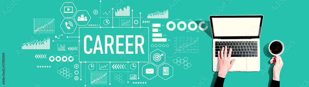 Career theme with person using a laptop computer Career theme with person using a laptop computer