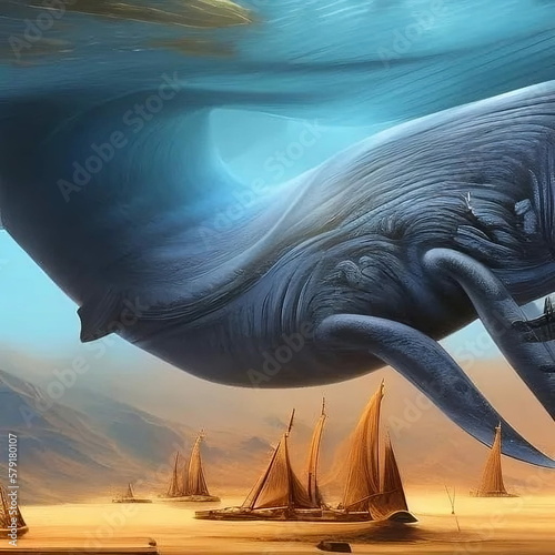 Gigantic and monstrous whale on small ancient ships that sail the sea in a gloomy and hopeful environment, the sea and the sky united, created with Generative Ai technology