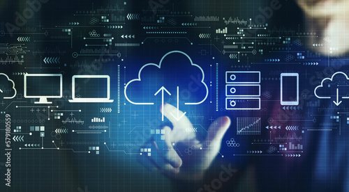 Cloud computing with young man touching a digital screen at night